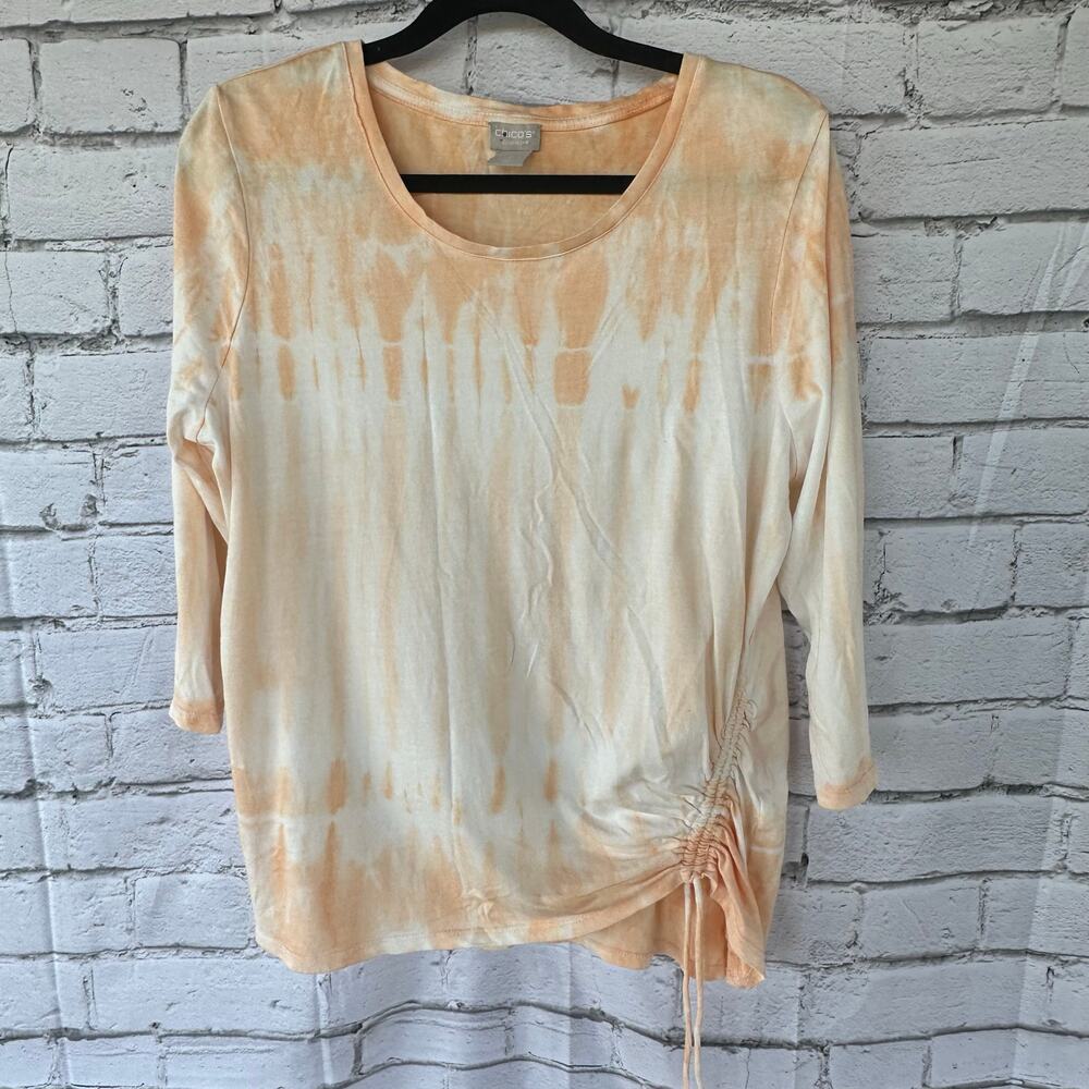 Preowned Chico's Zenergy Size 2 Medium Glazed Peach White TieDye Knit Top Ruched